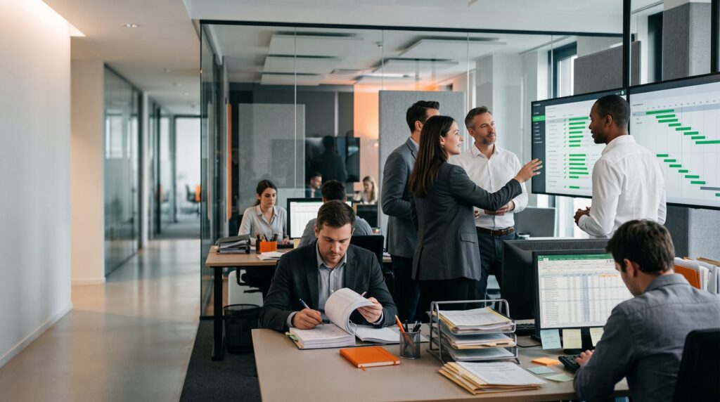 Business professionals collaborating in an office setting, preparing for SAP Go-Live