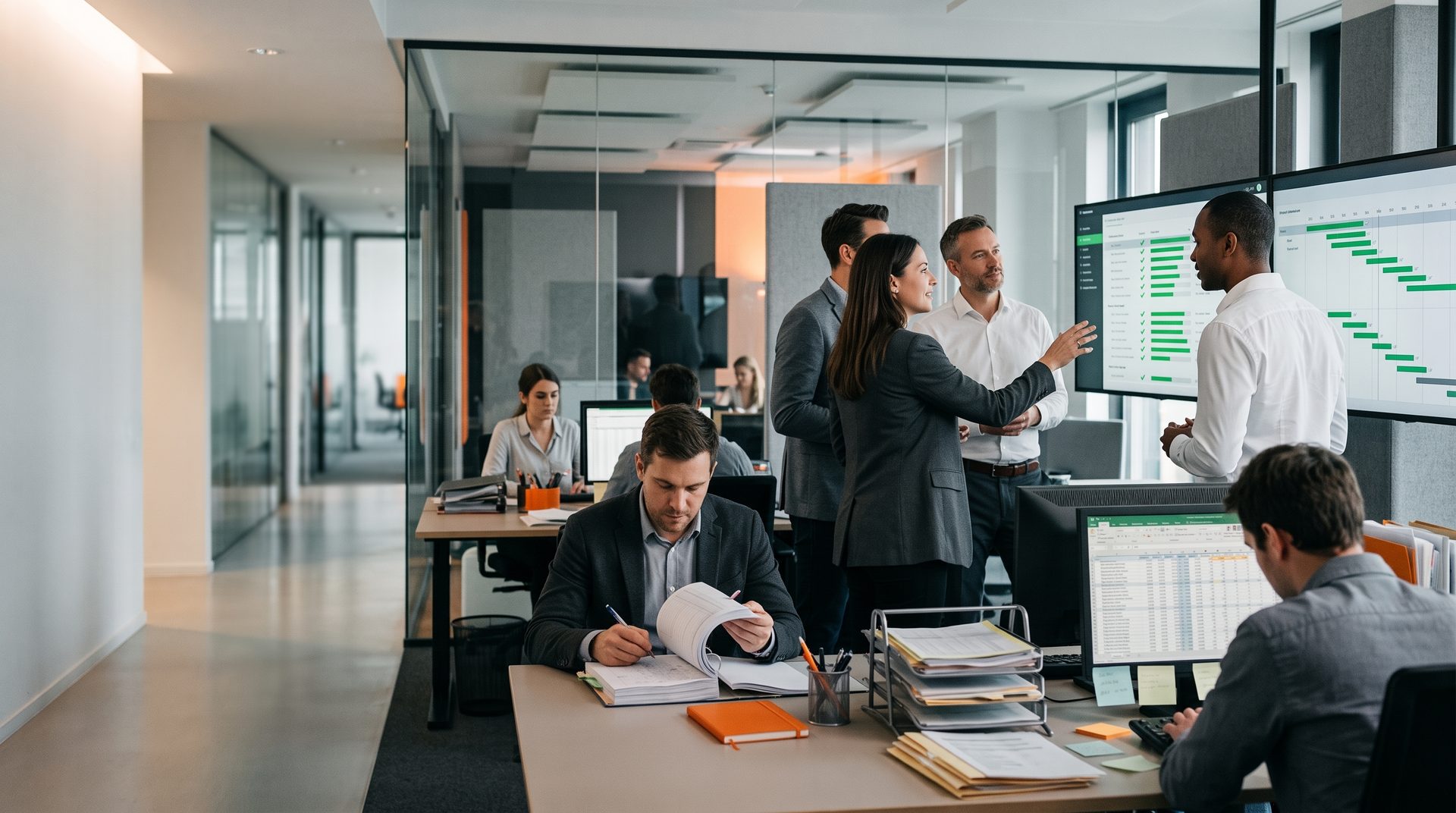 Business professionals collaborating in an office setting, preparing for SAP Go-Live